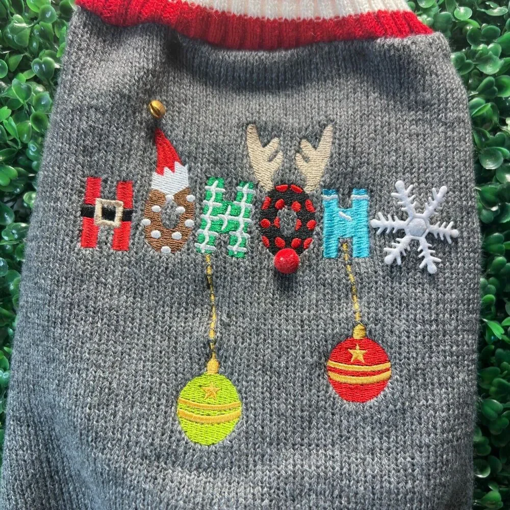 NWT Fab Dog Christmas Sweater HoHoHo Jingle Bell Gray Red White Stripes S